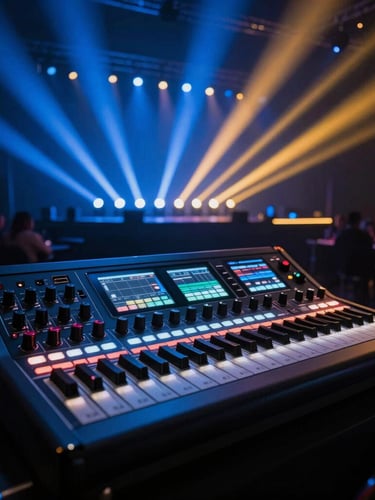 Sleek professional soundboard and lighting controller in a dark venue, vibrant blue and amber stage lights glowing in the background, high-contrast dramatic event setup
