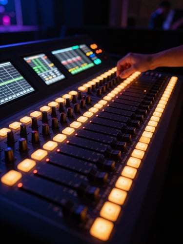 Close-up of a professional lighting console or soundboard in deep shadow, glowing amber buttons, a technician's hand subtly adjusting a slider in the background, high contrast
