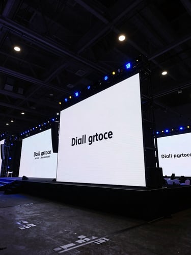 Wide-angle environmental shot of a massive corporate convention hall, crisp LED screen setups, dramatic stage illumination with deep shadows
