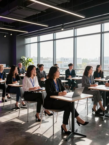 Structured corporate team building workshop inside a modern venue, dramatic window light, focused professional atmosphere