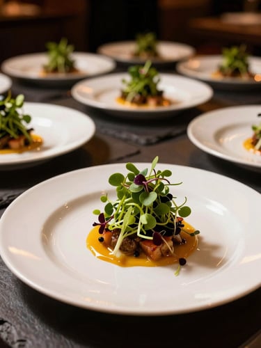 Close-up of elegant corporate lunch plates, vibrant microgreens, dramatic dark slate background, warm amber lighting highlights, professional culinary art