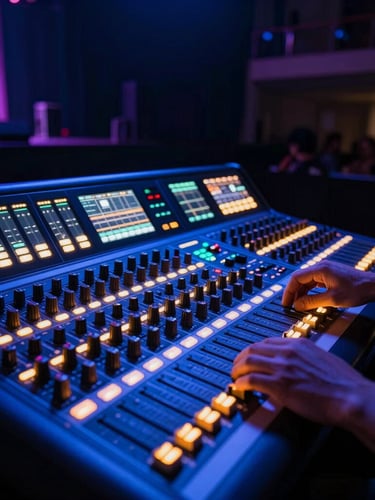 Portrait shot of a professional digital audio mixing console, vibrant blue and amber glowing status lights, sound technician's hands subtly visible adjusting a slider, dark event venue background with deep shadows.