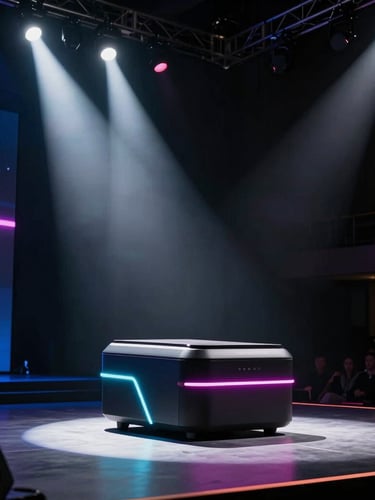 Sleek new product on a stage under high-contrast spotlight, vibrant neon highlights, deep shadows, dramatic event photography
