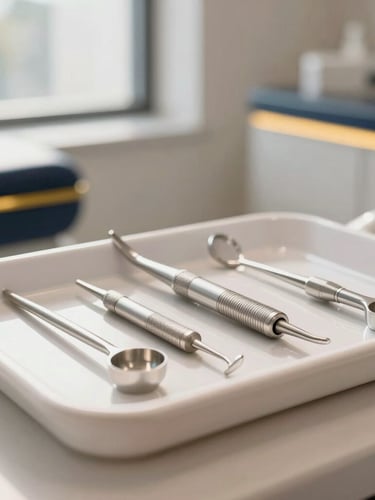 Macro close-up of state-of-the-art dental instruments on a sterile white tray, soft warm sunlight, shallow depth of field, luxury dental clinic interior with navy and gold accents.
