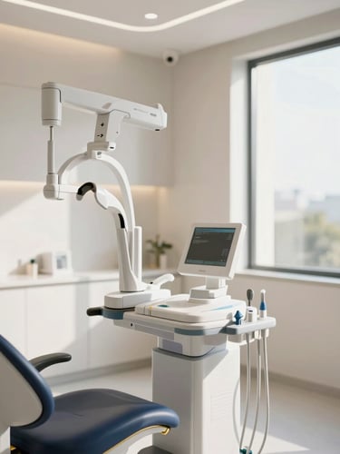 Pristine sunlit dental clinic interior in DHA Lahore, high-tech diagnostic equipment, clean architectural lines, warm natural light, shallow depth of field