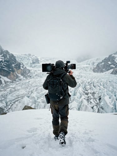 Behind-the-scenes anamorphic shot of a filmmaker carrying heavy camera gear on a snowy ridge, wind-swept glacier background, moody overcast light, 35mm.