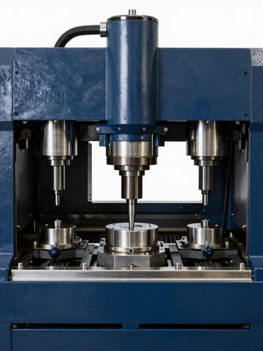 Industrial machinery photography of a triple-station CNC busbar processing machine, cool-toned studio lighting, deep blue and metallic steel tones, sharp focus on the punching and bending cylinders