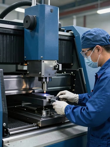 Industrial engineer in protective gear testing a CNC bending machine on-site, cool-toned industrial lighting, sharp focus, 50mm