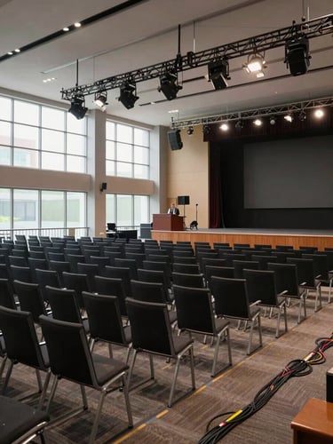 Wide environmental shot of an empty corporate conference hall during production setup — rows of chairs aligned precisely, AV rigging overhead, stage podium under work lights, cables taped along aisles, no attendees present, daylight through high windows