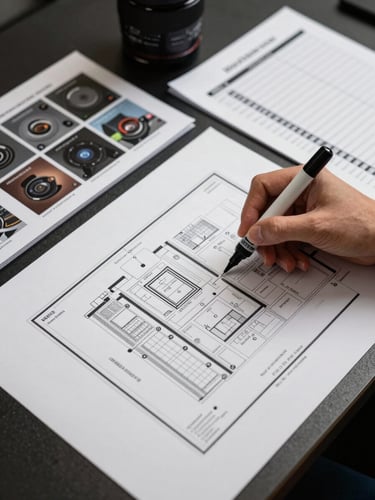 Close overhead shot of a printed event floor plan spread flat on a table, AV spec sheets and a timeline document beside it, a hand placing a marker on the plan, studio strobe lighting, no faces visible, precise and operational