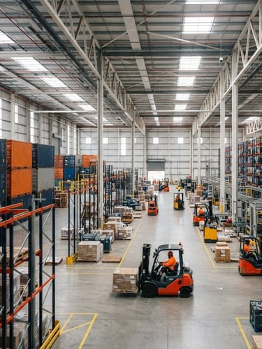 Wide shot of a modern, well-lit logistics warehouse interior with stacks of shipping containers and forklifts in motion, sharp industrial photography, bright midday sun, deep navy and high-visibility orange accents, crisp details, 35mm.