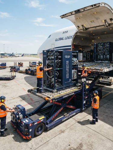 Wide panoramic shot of high-tech server racks being carefully loaded into a secure, temperature-controlled cargo aircraft, sharp industrial photography, bright midday sun, deep navy and high-visibility orange accents, crisp details, 35mm.