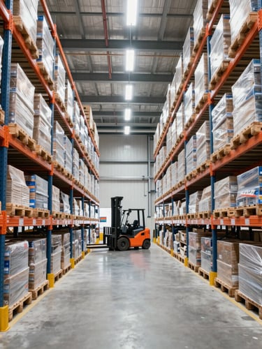 Modern logistics warehouse interior, high ceilings, organized racks of pallets, a forklift operating in the distance, bright industrial lighting, sharp details