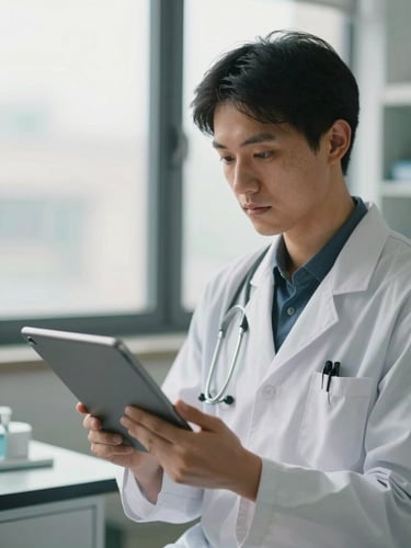A thoughtful doctor in a modern clinic looking down at a tablet, soft overcast window light, warm editorial photography, shallow depth of field