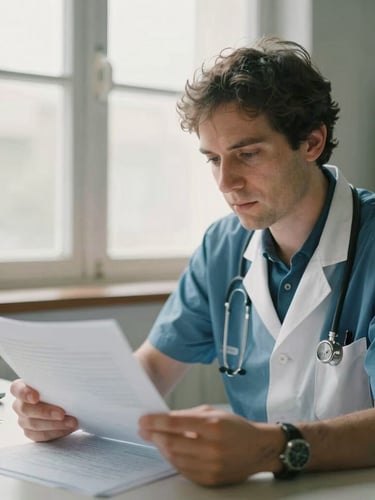 A thoughtful doctor-founder in a modern clinical study, reviewing research papers under soft natural window light, warm editorial 35mm photography, shallow depth of field