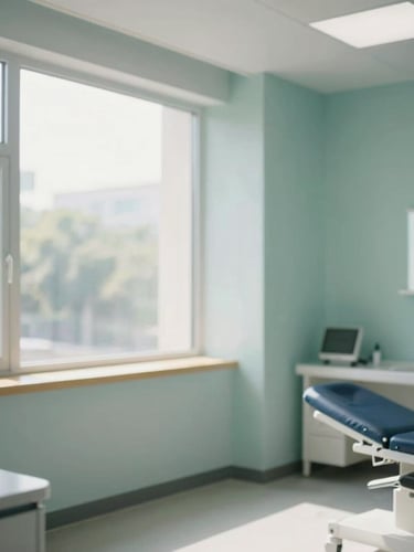 A bright, clean modern clinic interior with natural daylight streaming through large windows, minimalist design, soft teal accents, 35mm