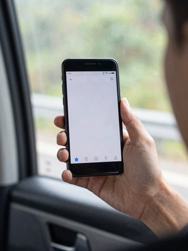 Hand holding a worn mid-range Android phone during a commute, screen lit showing a simple app interface, natural daylight through a vehicle window, foreground slightly blurred