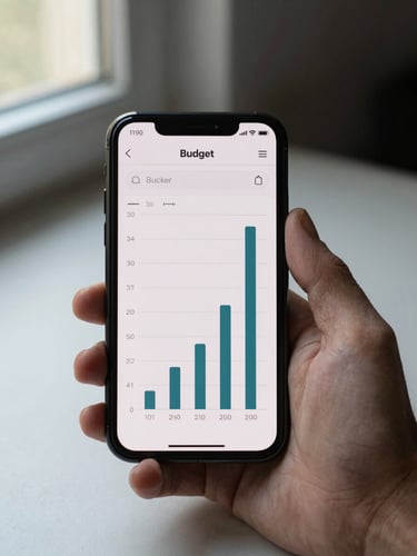 Android phone held in one hand displaying a budget tracker screen with simple bar charts, natural window light from the left, plain table surface below