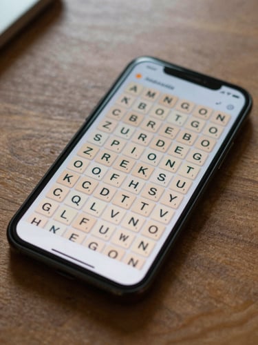 Close-up of Android phone screen showing a word puzzle game grid with tile letters, phone resting flat on a wooden desk under ambient indoor light