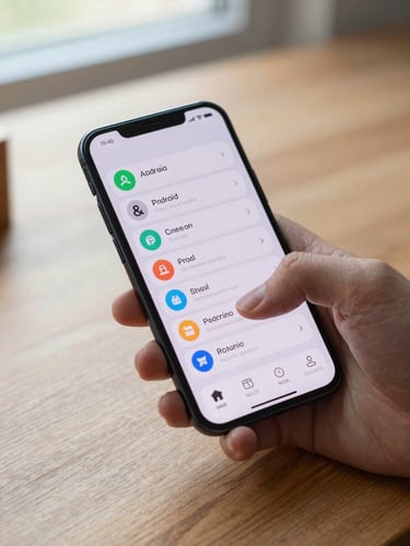 Close-up of a hand holding an Android phone at a wooden desk under diffused window light, thumb resting on a clean productivity app interface, natural daylight, no studio flash