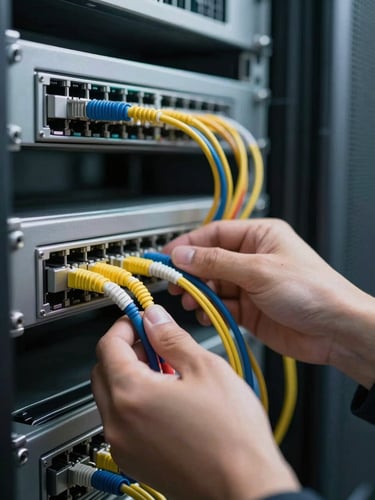 Close-up of a network engineer's hands connecting fiber optic cables into a patch panel inside a server room, cool overhead fluorescent lighting, cables color-coded and neatly routed, background of rack equipment slightly out of focus, technically precise framing with no faces visible