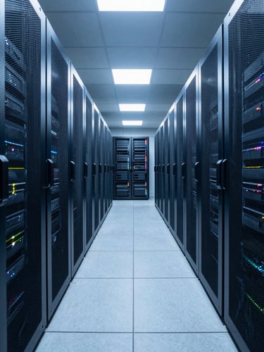 Wide environmental shot of a high-density data center corridor, rows of illuminated server racks receding into depth, cool blue-white overhead lighting casting precise shadows on cable management panels, no people, technically precise framing from low angle emphasizing scale and order