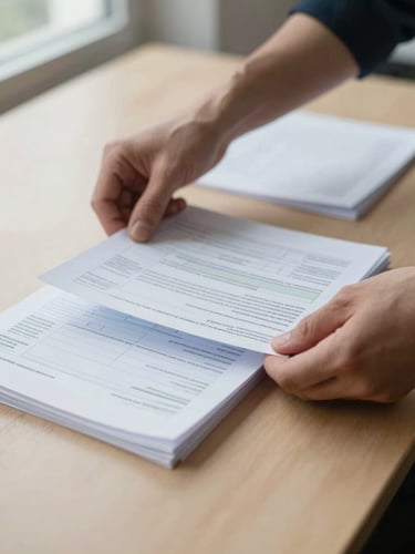 Desk-level close-up of hands sorting through official German administrative forms and stamped documents, neutral warm surface, diffused window light, no people visible above wrists