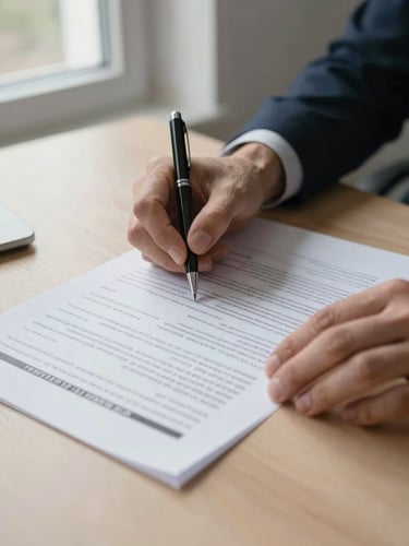 Close-up of hands reviewing a multi-page German employment contract on a desk, natural window light from the left, a pen resting beside the document, neutral warm office surface
