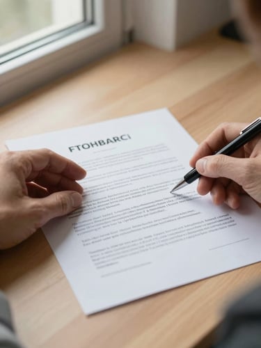 Close-up straight-on desk-level view of hands carefully reviewing a printed German contract document, pen resting alongside, warm daylight from a window to the left, off-white paper on a light oak desk surface