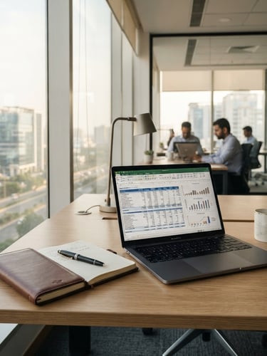 A clean modern corporate desk in Gurugram, a leather notebook, a laptop displaying financial ledgers, warm window light, 50mm lens