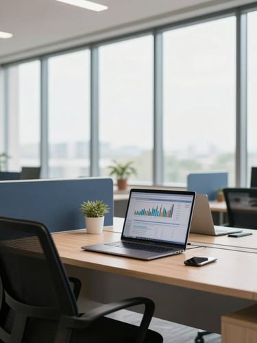 Modern office interior in Gurugram, bright natural light streaming through large windows, clean desk setup with a laptop showing financial charts, professional editorial photography.