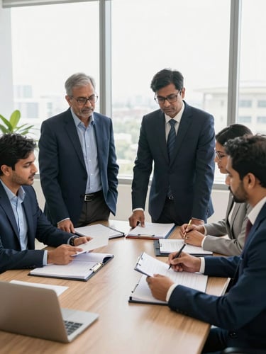 A collaborative strategy session of Indian financial professionals reviewing physical ledgers in a bright Gurugram office, natural window light, professional editorial photography.