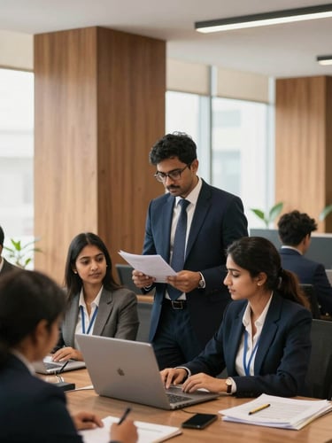 Bustling Bengaluru office environment with professional advisors working collaboratively, warm wood accents, soft natural light, professional editorial photography.