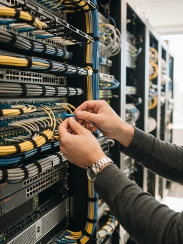 Close-up of hands configuring high-performance network cables into a clean server rack, bright natural office daylight, editorial style, 35mm lens