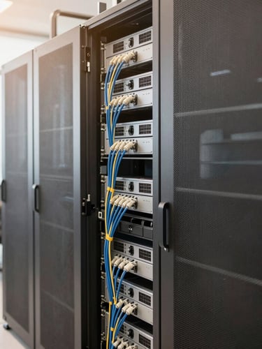 Clean server racks with neat cabling in a bright modern server room, soft warm tones, natural light, editorial style