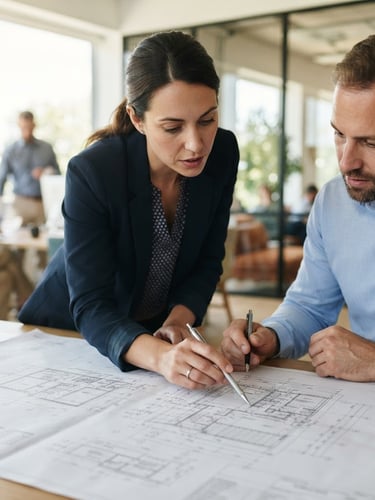 Real engineer collaborating over blueprints in a bright modern office with natural daylight, detailed close-up, 35mm lens