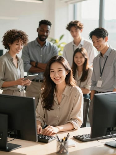 A portrait of a diverse group of IT professionals collaborating in a modern sunlit workspace, warm tones, authentic smiles, editorial style, 35mm lens