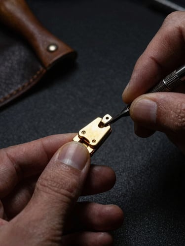 Macro shot of a jeweler's hands, wearing a leather apron, using a fine file to shape a raw gold locket hinge, with strong directional side-lighting casting deep shadows and highlighting metal grain. Dark charcoal background.