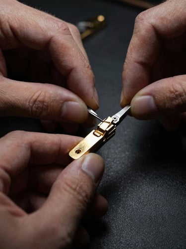 Macro shot of a jeweler's hands meticulously filing a gold hinge, dramatic side-lighting, deep shadows, metal textures visible, on a dark workbench.