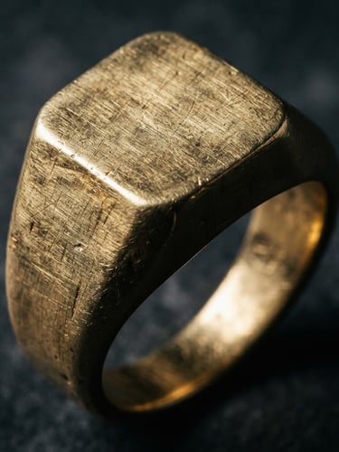 Extreme macro close-up of a heavy gold signet ring, showing visible tool marks and brushed metal texture, dramatic directional side-lighting, deep shadows, dark charcoal background, 50mm lens