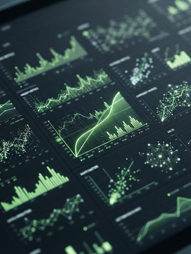 Macro 35mm photograph of high-resolution analytics dashboard, crisp studio light, deep charcoal interface with sharp lime green metrics, cool ambient fills.