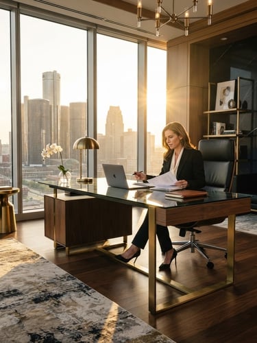 Wide-angle luxury editorial photograph of a high-shine modern executive office in Detroit, warm golden sunlight streaming through floor-to-ceiling windows, sharp corporate chic aesthetic.