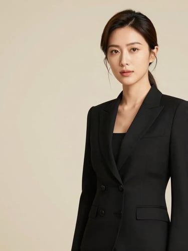 Professional portrait of a female executive in tailored black corporate attire, crisp studio lighting with warm gold undertones, clean ivory background, 35mm lens