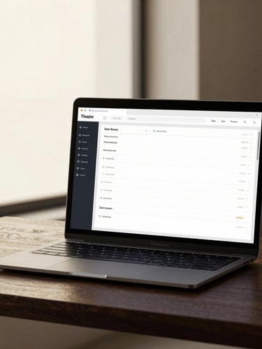 Sleek modern device displaying a clean business dashboard on a dark oak desk, warm window light, high-contrast corporate chic, editorial photography.