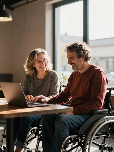 Eye-level candid shot of two disabled adults laughing while collaborating over a laptop in a sunlit modern co-working space, warm window light, rich high-contrast tones.