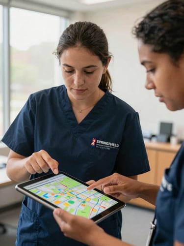 A close-up shot of two nonprofit researchers analyzing a colorful digital map on a tablet in a sunlit community office in Springfield, Missouri.