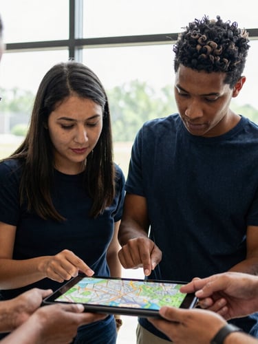 Warm editorial photography of a diverse group of Missouri community members collaborating over a digital map on a tablet, natural window light, deep indigo tones.