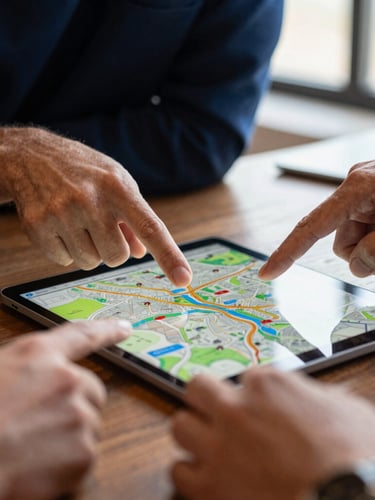 A close-up of hands pointing at a colorful digital map on a tablet during a community planning meeting, warm editorial style, natural light.
