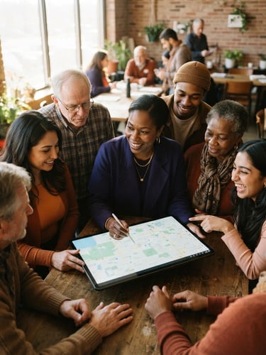 A collaborative community workshop in Missouri, with diverse participants gathered around a large digital map on a tablet, warm natural window lighting, soft focus, professional editorial style.