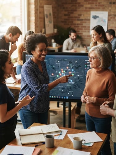 A collaborative workshop in Kansas City, where community organizers gather around a large touchscreen display showing a digital map of local food access points, warm natural light.